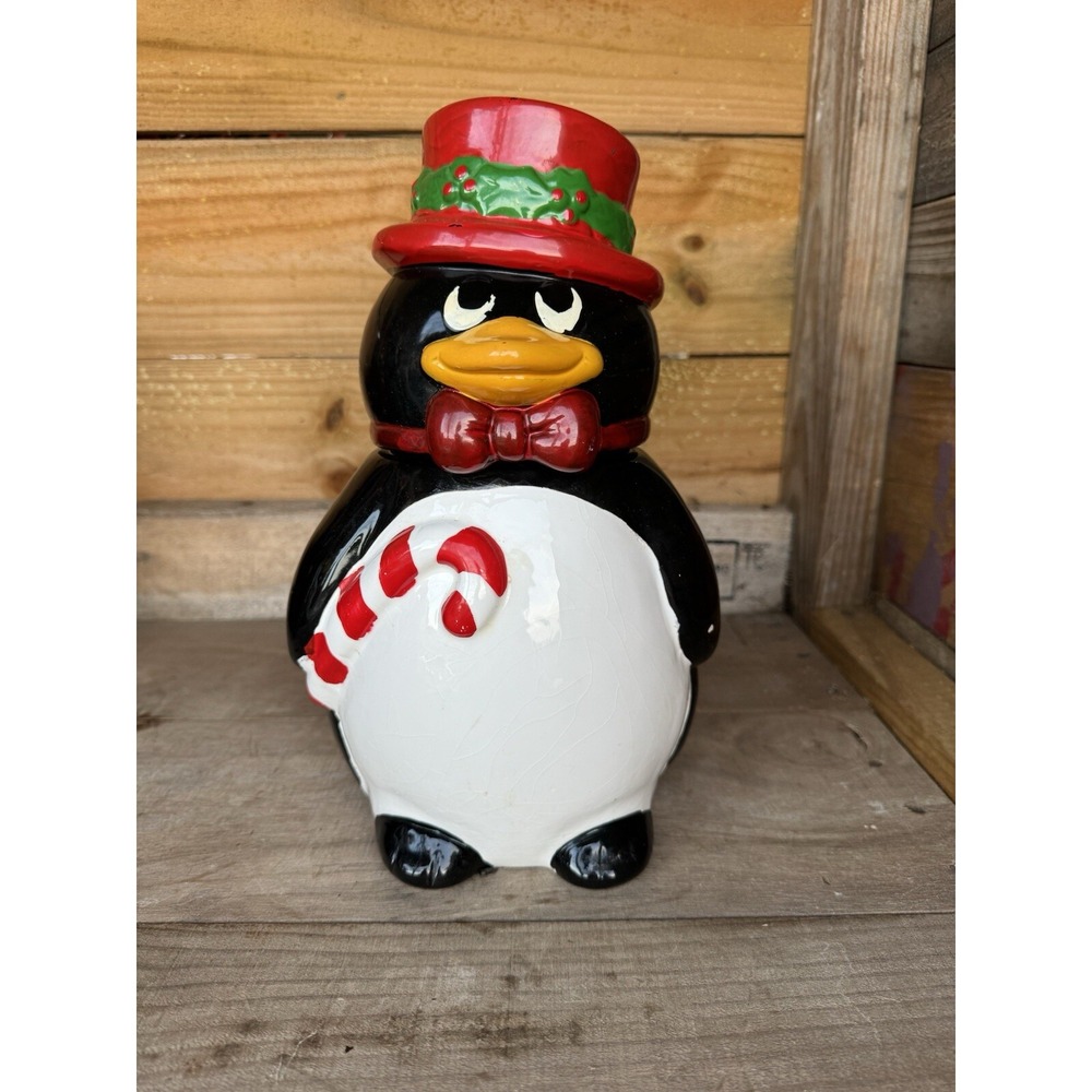 Vintage 1987 Macy's "The Cellar" Penguin Candy Cane Cookie Jar‎ 11 In.
